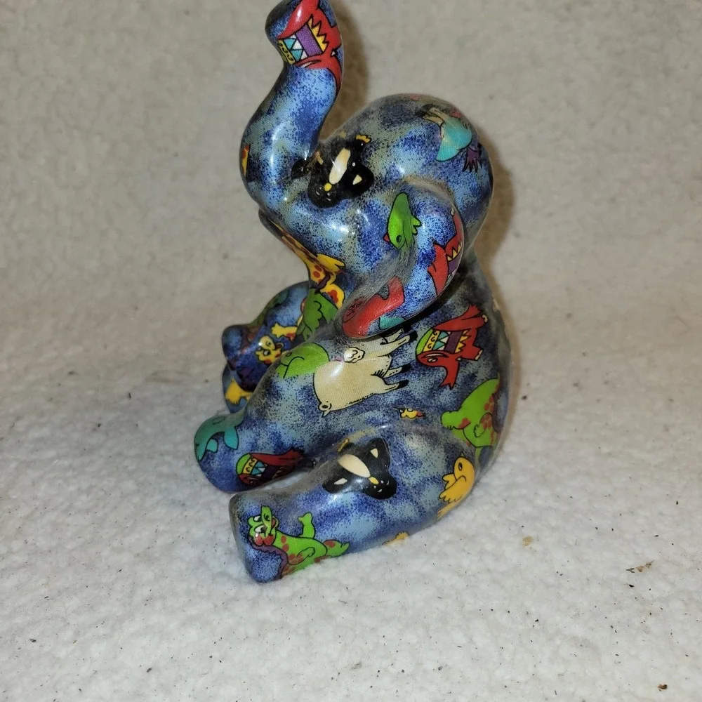 Vintage Ceramic Elephant Coin Bank‎ Blue Zoo Animal Print Whimsical 1990s Decor